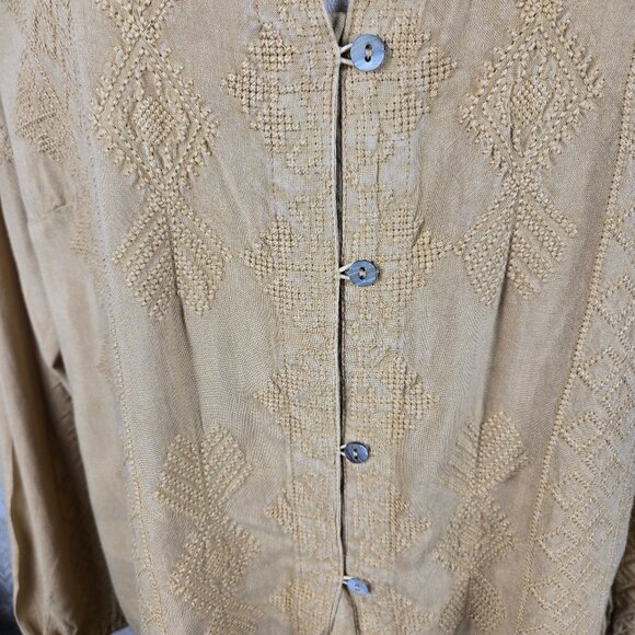 Soft Surroundings Sz Large River Valley Tan Embroidered Tunic Blouse Split Vneck - Picture 3 of 15